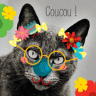 Chat humoristique avec fleurs colorées